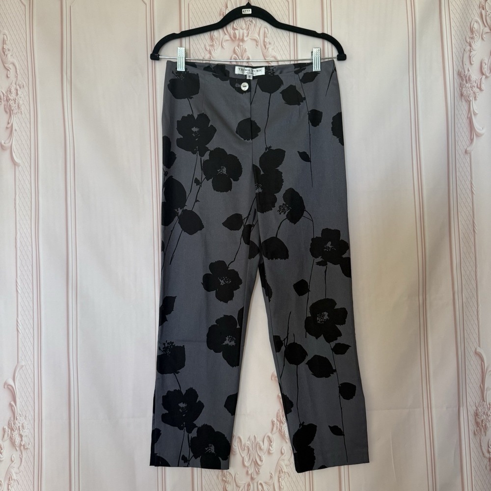 Trina Turk Floral Gray & Black Printed Trouser Pants Women's Size 8